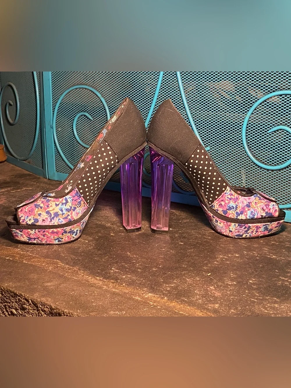 BABYCHAM platform peep toe pin up pumps,clear purple heels,hearts,polka dots, 7